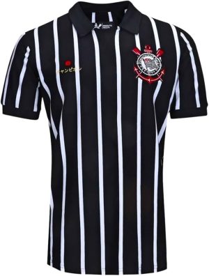 Camiseta Retrô Japão Corinthians Coimbra, gola polo listrada