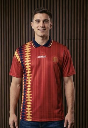 Camisa titular da Espanha de 1994, utilizada na Copa do Mundo dos Estados Unidos.